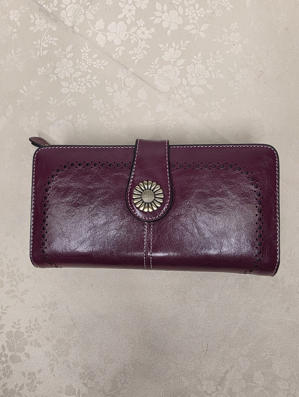 SENDEFN Burgundy Genuine Leather Sunflower Bifold Clutch Wallet Organizer